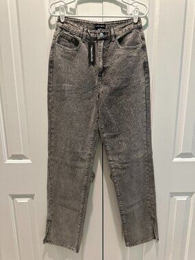 NEW NWT PrettyLittleThing Washed Grey Split Hem Straight Leg Jeans UK 10 US 6